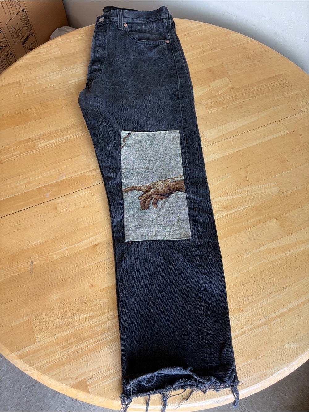 Levi's Black Distressed Jeans w/ Creation of Adam Knee Patch Art | 34x28 - Picture 11 of 11